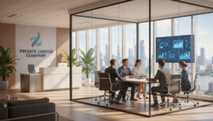 A modern office space representing a private limited company, with a sleek glass conference room in the foreground. Inside the room, a diverse group of four professionals in smart business attire engage in a meeting, analyzing charts on a digital screen. In the middle ground, a stylish reception area features a logo of "Private Limited Company" on the wall, with potted plants adding a touch of green. The background includes a panoramic city skyline visible through large windows, bathed in bright daylight. The scene is vibrant and energetic, reflecting a professional atmosphere, with soft shadows and a warm color palette. The composition is framed from a slight angle, giving depth and perspective to the bustling office environment.