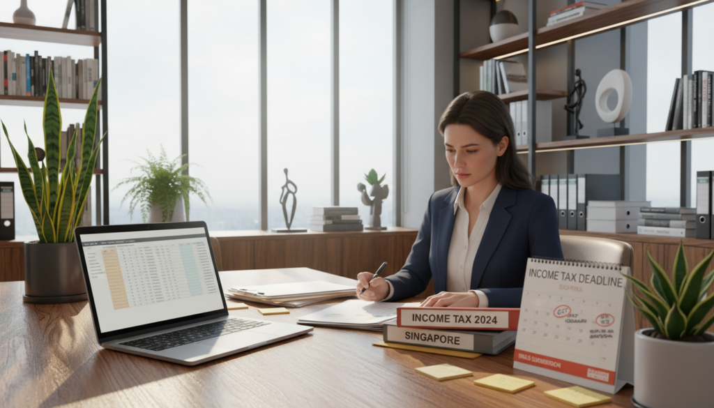 A modern office space with a large wooden desk in the foreground, featuring a laptop and neatly organized tax documents arranged alongside a calendar marked with important income tax deadlines. The middle ground includes a business professional, dressed in smart attire, reviewing the documents with a focused expression. Surrounding the office are potted plants and shelves filled with books, giving a sense of a productive and compliant environment. The background shows a large window with bright, natural light illuminating the scene, casting soft shadows across the desk. The overall mood is one of diligence and professionalism, highlighting the importance of meeting corporate tax requirements in Singapore. The image should be photorealistic, showcasing intricate details like texture and lighting.