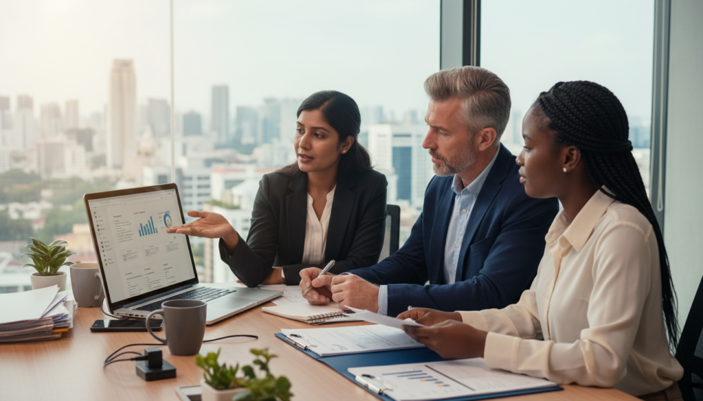 A modern office workspace featuring a diverse group of three professionals engaged in a discussion around compliance with IRAS systems. In the foreground, a South Asian woman in a smart business outfit points at a laptop screen displaying a user-friendly interface for GST management. In the middle ground, a middle-aged Caucasian man takes notes, while a young Black woman reviews financial documents. The background shows a sleek glass window revealing a city skyline, symbolizing a cosmopolitan work environment. Soft, natural lighting filters through the window, creating a bright and optimistic atmosphere. The camera angle is slightly elevated to capture the teamwork dynamic and the organized clutter of compliance files on a polished wooden desk, emphasizing professionalism and focus on remote compliance solutions.