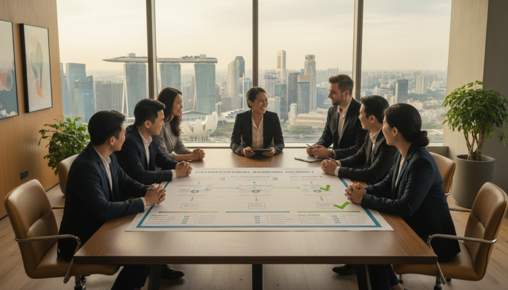 A modern, photorealistic office setting focused on a bank's approval process for entrepreneurs. In the foreground, a diverse group of professional individuals in business attire gather around a sleek conference table, examining a detailed timeline chart. The chart displays various phases of the bank account application journey, with clear markers for application, review, and approval stages. In the middle background, a large window reveals the Singapore skyline, bathed in natural light, creating an optimistic atmosphere. Soft shadows enhance the depth of the scene, while a warm color palette fosters a sense of collaboration and success. The angle is slightly elevated, capturing both the team engaged in discussion and the vibrant cityscape beyond.
