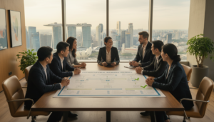 A modern, photorealistic office setting focused on a bank's approval process for entrepreneurs. In the foreground, a diverse group of professional individuals in business attire gather around a sleek conference table, examining a detailed timeline chart. The chart displays various phases of the bank account application journey, with clear markers for application, review, and approval stages. In the middle background, a large window reveals the Singapore skyline, bathed in natural light, creating an optimistic atmosphere. Soft shadows enhance the depth of the scene, while a warm color palette fosters a sense of collaboration and success. The angle is slightly elevated, capturing both the team engaged in discussion and the vibrant cityscape beyond.