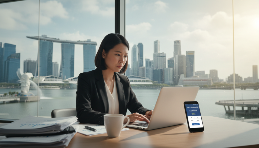 A modern, photorealistic office setting that illustrates the concept of remote services in Singapore. In the foreground, a professional Asian woman in smart business attire is working on a laptop, with a focused expression. She has a smartphone beside her, displaying a digital GST calculator app. The middle ground features blurred elements like paperwork, a coffee cup, and a vibrant Singapore skyline visible through large windows behind her, showcasing iconic structures like Marina Bay Sands and the Merlion. Soft, natural lighting streams in, creating a bright and welcoming atmosphere, while the composition has a slight angle from the right to emphasize depth. Overall, the mood is efficient and contemporary, reflecting the ease of managing GST remotely in a busy urban environment.