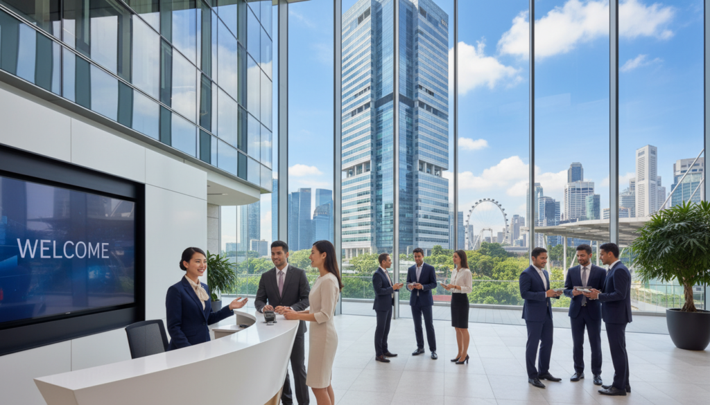 A modern, photorealistic view of a premium business address in Singapore, showcasing a sleek, glass-fronted office building situated in a landmark area. In the foreground, a stylish reception with a professional receptionist dressed in business attire welcomes visitors. In the middle ground, well-dressed business people are engaged in discussion, highlighting collaboration and professionalism. The background features the iconic skyline of Singapore, including the Marina Bay Sands and the Singapore Flyer, under a bright blue sky with soft, natural lighting that conveys a vibrant, energetic atmosphere. The scene is captured with a wide-angle lens to encompass both the building and its bustling surroundings, emphasizing the importance of a prestigious business address. The overall mood is one of sophistication and opportunity.