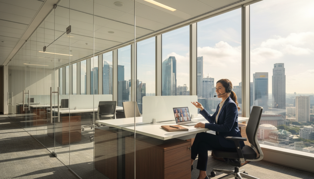 A modern, photorealistic virtual office space in Singapore's Downtown Core, showcasing elegant glass partitions and sleek, minimalist furniture in the foreground. In the middle, a professional businesswoman in smart attire is engaged in a video conference, seated at a stylish desk adorned with a laptop and notepad. The background features iconic Singaporean skyscrapers visible through large panoramic windows, allowing natural light to flood the room, enhancing the workspace's vibrant atmosphere. The scene is captured from a slight angle to emphasize depth, with warm ambient lighting creating an inviting yet professional mood. The overall composition reflects a high-end, modern business environment, ideal for foreign entrepreneurs establishing a presence in Singapore.