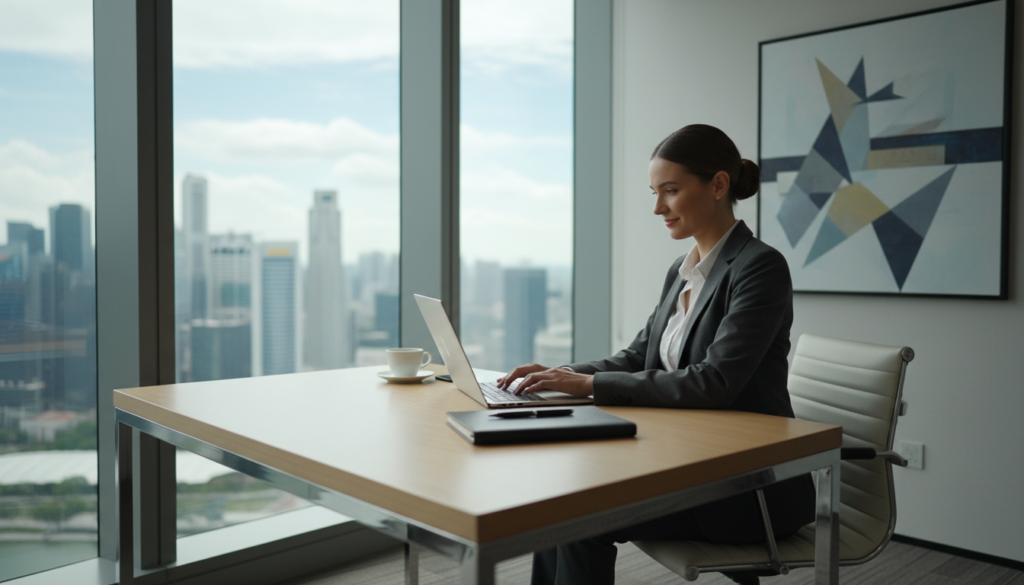 A modern, professional office environment showcasing outsourced secretarial services. In the foreground, a well-organized, sleek desk is clutter-free, equipped with a laptop, a notepad, and a coffee cup. A professional woman in business attire is focused on her laptop, exuding confidence and efficiency. In the middle ground, a large window offers a view of Singapore's skyline, hinting at the bustling corporate world outside. Soft, natural light filters through, creating a warm yet productive atmosphere. The background features a wall with abstract art, enhancing the contemporary vibe. The image captures the essence of professionalism and the practicality of remote services, emphasizing an efficient, collaborative workspace. Photorealistic style, with a slight depth of field for a polished look.