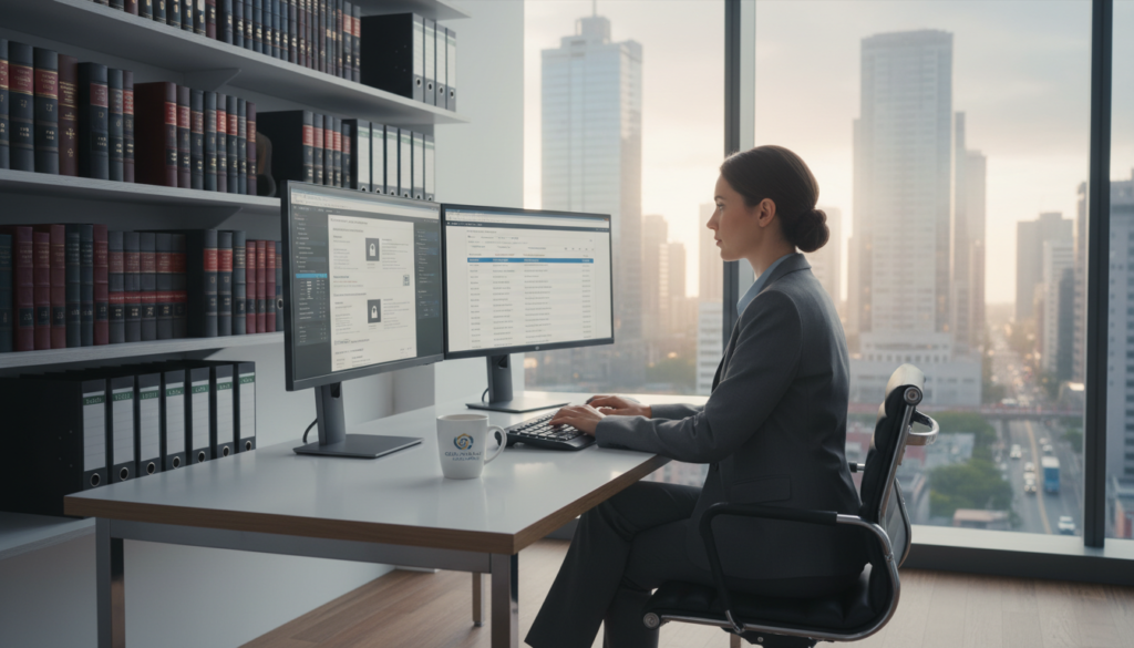 A modern, professional office scene with a corporate secretary working remotely, seated at a sleek desk with dual monitors displaying digital statutory records. In the foreground, the secretary, a woman in a tailored business suit, is focused on the screen, typing diligently while sipping coffee from a branded mug. The middle ground includes shelves filled with neatly arranged legal documents and compliance manuals, signifying organization and professionalism. The background features a large window with a city skyline view, illuminated by soft natural light, creating an optimistic mood. The overall atmosphere is one of efficiency and seamless compliance, emphasizing the importance of secure access to statutory records in a contemporary business setting. Photorealistic, captured with a wide-angle lens for depth.