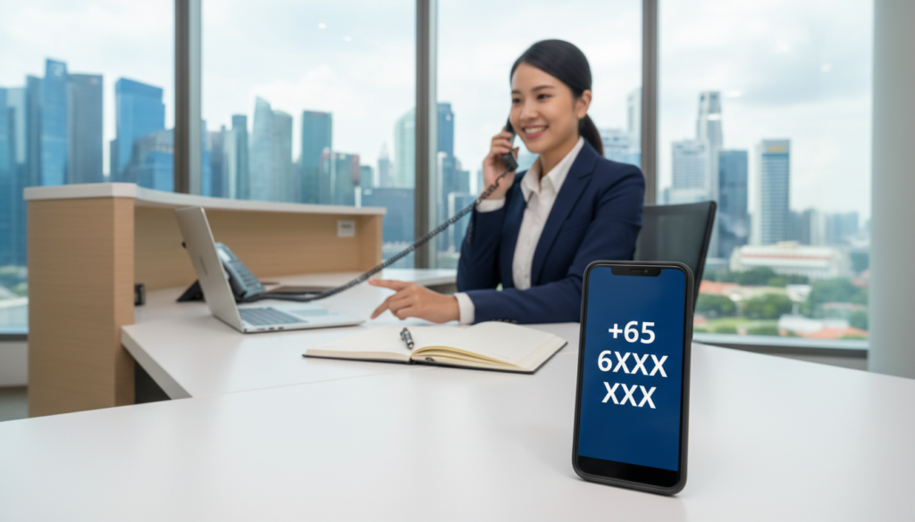 A modern, professional office setting in Singapore, featuring a sleek desk with a smartphone displaying a clear, concise phone number on its screen. The foreground includes a well-organized workspace with a stylish laptop and a notepad. In the middle, a friendly receptionist in professional business attire answers a phone call, exuding a welcoming demeanor. Background elements showcase a bustling cityscape of Singapore through a large window, emphasizing the vibrant business environment. Soft, natural lighting fills the room, creating an inviting atmosphere. A slight depth of field effect enhances the focus on the phone number while the surroundings remain subtly detailed. The overall mood is professional and efficient, representing excellent call handling and receptionist services.
