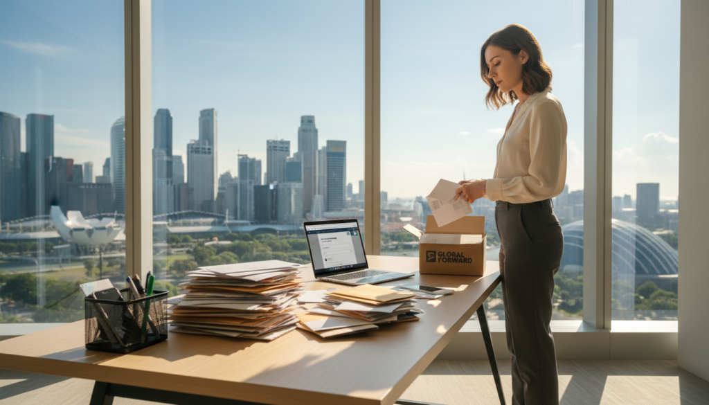 A modern, professional office workspace illustrating mail forwarding services. In the foreground, a sleek desk with a stack of envelopes, a stylish desk organizer, and a laptop displaying an email interface. In the middle ground, a professional woman in business attire, carefully sorting mail with a focused expression. In the background, large windows with city views of Singapore’s skyline, allowing natural light to flood the space. A sense of organization and efficiency pervades the atmosphere, enhanced by soft, warm lighting that casts gentle shadows. The scene conveys professionalism, reliability, and modernity, embodying the concept of efficient mail handling options. The image is framed with a medium shot, capturing both the workspace and the individual engaged in mail management duties.