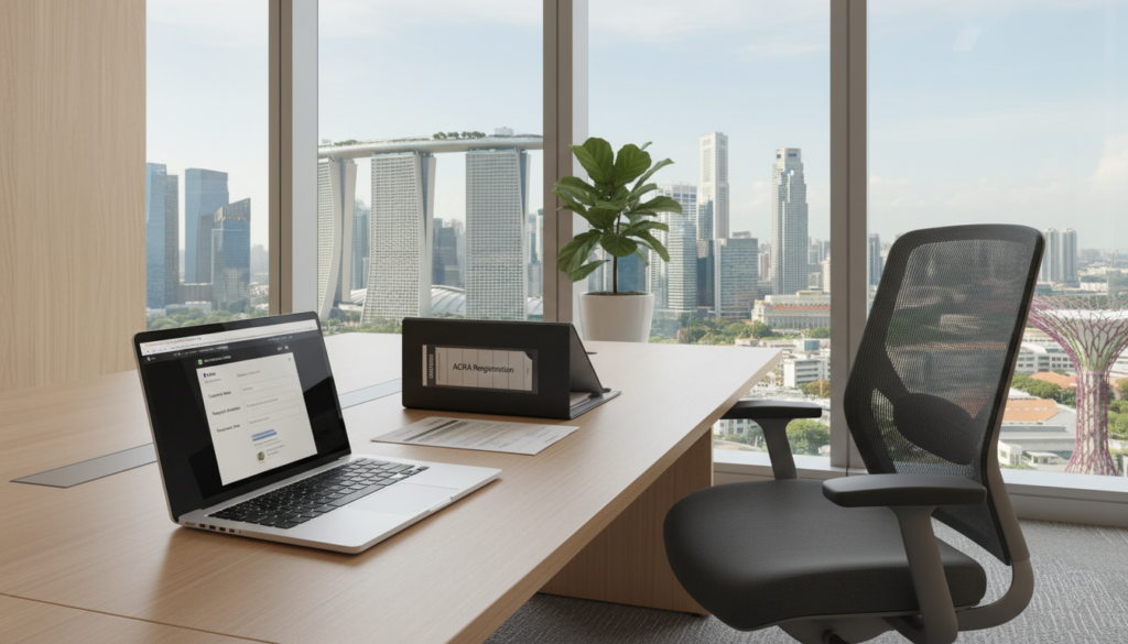 A modern, sleek office environment depicting a virtual office address setup. In the foreground, a professional-looking desk with a laptop open, displaying a company registration webpage. To the side, a neatly arranged folder labeled "ACRA Registration" with documents peeking out. In the middle, a stylish office chair, and a small potted plant adds a touch of greenery. The background showcases a panoramic view of Singapore's skyline through large glass windows, filled with natural light. The image captures a professional atmosphere, with soft lighting illuminating the workspace, suggesting productivity and organization. The angle is slightly elevated, giving a comprehensive view of the desk and the city beyond. Photorealistic quality, emphasizing clarity and detail throughout.