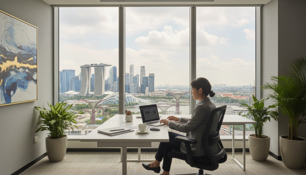 A modern, sleek virtual office environment in Singapore, showcasing a stylish desk with a laptop, documents, and a coffee cup. In the foreground, a professional-looking person in business attire, focused on their work, sitting in a comfortable ergonomic chair. The middle ground features a large window with a view of the iconic Singapore skyline, allowing natural light to flood the space, enhancing the sense of productivity. In the background, there are subtle hints of modern office decor, such as plants and abstract art on the walls, creating a welcoming atmosphere. The lighting is bright and inviting, with a soft glow illuminating the workspace, capturing the essence of a professional business setting. The overall mood is focused, dynamic, and efficient, ideal for illustrating virtual office services.