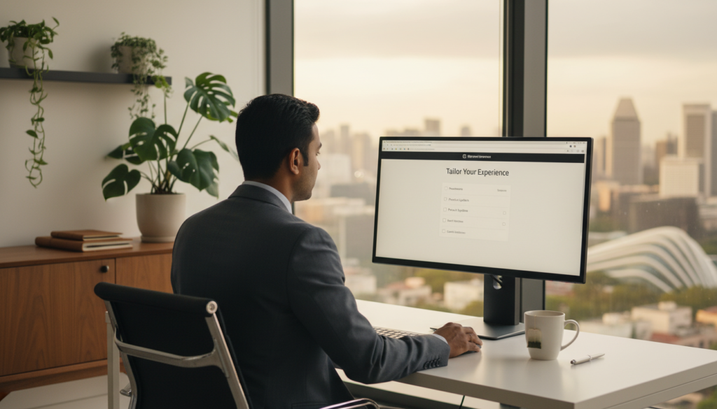 A modern, sleek workspace setup showcasing a computer screen displaying an onboarding email preferences page. In the foreground, a well-dressed professional, a South Asian man in business attire, sits at a minimalist desk, intently reviewing the screen. The middle ground features a stylish, organized office with potted plants and notepads. In the background, a large window reveals a view of Singapore’s skyline, bathed in warm, natural light, creating an inviting atmosphere. The image is captured with a shallow depth of field using a 50mm lens, highlighting the professional in focus while softly blurring the office surroundings. The overall mood is focused and productive, emphasizing the importance of onboarding processes in a virtual office environment.