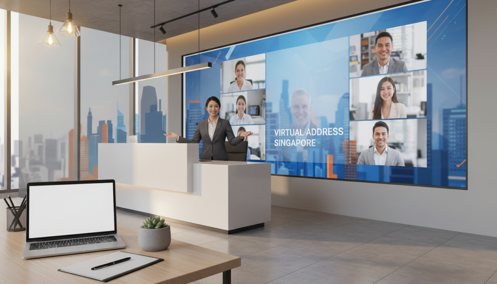 A modern virtual office environment in Singapore, showcasing a sleek reception area and contemporary desk setup. In the foreground, a polished wooden desk with a laptop, potted plants, and stylish stationery. The middle ground features a well-organized reception desk with a friendly, professional receptionist dressed in business attire, greeting a virtual meeting on a large screen. The background displays abstract city skyline illustrations to convey the digital aspect of virtual offices. Soft, warm lighting bathes the scene, creating an inviting atmosphere. The perspective is slightly angled, capturing the depth of the office space, evoking a sense of professionalism and modernity, while emphasizing the concept of a virtual office address in a bustling urban setting. Photorealistic details enhance the overall image quality.