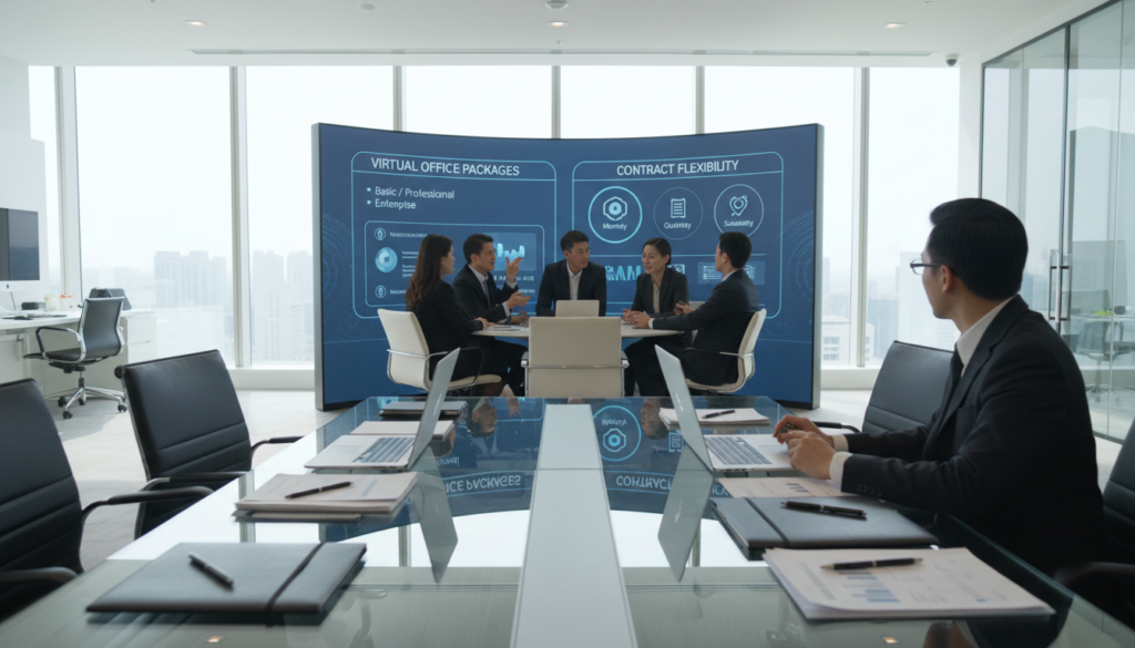 A modern virtual office environment showcasing various virtual office packages. In the foreground, a sleek, glass conference table with laptops, notepads, and business materials neatly arranged. In the middle, a well-designed meeting room featuring a large virtual display screen showcasing digital graphics of office packages and contract flexibility options. Professional individuals dressed in business attire engaged in discussion, exuding a collaborative corporate atmosphere. The background features a contemporary office space with large windows allowing natural sunlight to stream in, enhancing the brightness and clarity. Soft shadows create a welcoming mood, while a slight depth of field emphasizes the focus on the meeting room. Set at a slightly elevated angle, this photorealistic image captures the dynamic essence of virtual office solutions in Singapore.