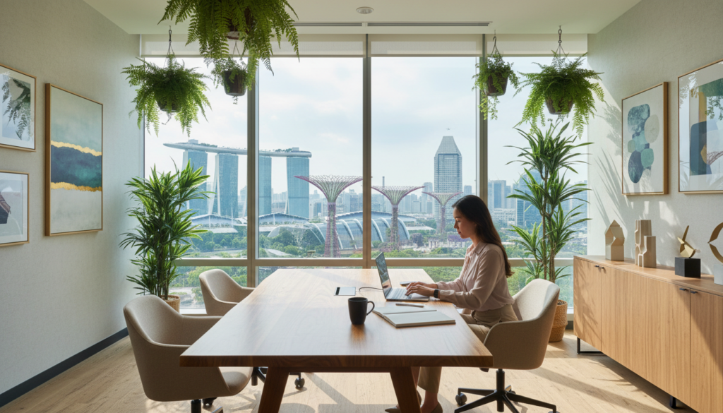 A modern virtual office in Singapore, showcasing a sleek, spacious workspace. In the foreground, a stylish wooden desk with a laptop, notepads, and a coffee cup. A professional individual in business attire, focused on work, reflecting the efficiency of international businesses. In the middle, a large window reveals a stunning view of Singapore's skyline, with tropical greenery framing the scene. In the background, contemporary office decor and artwork on the walls, enhancing the ambiance. The lighting is bright and natural, flooding the space with warmth, emphasizing productivity and modernity. The atmosphere conveys a sense of corporate professionalism combined with Singapore's vibrant culture, ideal for foreign entrepreneurs seeking to establish their presence. Photorealistic style with a focus on detail and clarity.