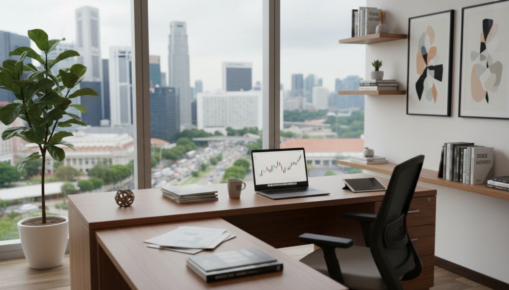 A modern virtual office interior in Singapore, showcasing a sleek, professional workspace designed for startups. In the foreground, a large wooden desk with a laptop, documents, and a coffee cup. A modern desk chair is positioned at the desk, and a stylish green plant adds a touch of nature. In the middle ground, a large window reveals a panoramic view of Singapore's skyline, with iconic skyscrapers and bustling city life. The background features minimalistic decor, including framed artwork and shelves with business books. Soft, natural lighting illuminates the space, creating a warm and inviting atmosphere. A shallow depth of field emphasizes the desk, while providing a clear view of the city outside, evoking a sense of ambition and professionalism in a start-up environment.