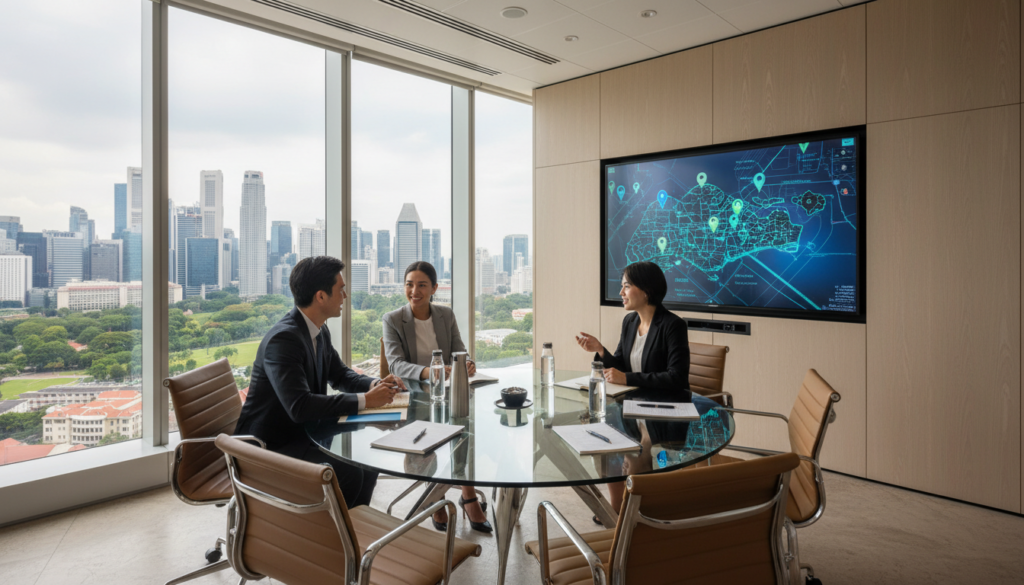 A modern virtual office location access office in Singapore, showcasing a sleek, professional meeting room. In the foreground, a round glass table with comfortable, ergonomic chairs, set for a business meeting. The middle ground features a large, interactive screen displaying a digital map of Singapore, emphasizing location options. The background highlights large windows with panoramic views of the city skyline, casting natural light across the room. Professional individuals in business attire engage in conversation, radiating collaboration and innovation. Use soft, diffused lighting to enhance a friendly yet professional atmosphere. The angle captures the entire room from a corner perspective, creating depth and inviting energy, while ensuring the image is photorealistic and devoid of any text or overlays.