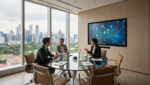 A modern virtual office location access office in Singapore, showcasing a sleek, professional meeting room. In the foreground, a round glass table with comfortable, ergonomic chairs, set for a business meeting. The middle ground features a large, interactive screen displaying a digital map of Singapore, emphasizing location options. The background highlights large windows with panoramic views of the city skyline, casting natural light across the room. Professional individuals in business attire engage in conversation, radiating collaboration and innovation. Use soft, diffused lighting to enhance a friendly yet professional atmosphere. The angle captures the entire room from a corner perspective, creating depth and inviting energy, while ensuring the image is photorealistic and devoid of any text or overlays.