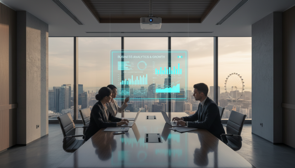 A modern virtual office meeting room in Singapore, featuring sleek, minimalistic design elements. In the foreground, a diverse group of professionals dressed in smart business attire—two women and a man—engaged in a collaborative discussion around a glossy conference table. The middle ground showcases a high-tech projector and interactive screen displaying graphs and data, symbolizing efficient business support services. The background features large windows with a panoramic city view of Singapore’s skyline, bathed in soft, natural light. The atmosphere is dynamic and focused, conveying productivity and innovation, shot from a slightly elevated angle to capture the interactions and environment effectively. Photorealistic execution with vibrant colors and soft shadows enhances the professional setting.