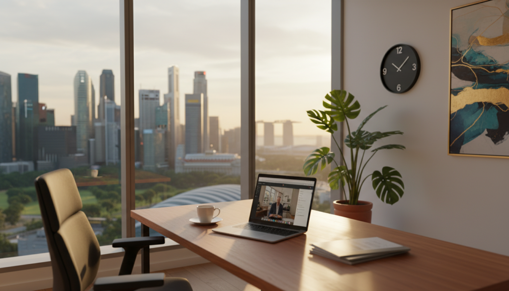 A modern virtual office scene depicting a sleek and stylish work environment in Singapore. In the foreground, a polished wooden desk with a high-end laptop, a comfortable ergonomic chair, and a few organized documents. In the middle, a prominent window showcasing the iconic Singapore skyline with skyscrapers and greenery, allowing natural light to flood the office. A stylish indoor plant adds a touch of life to the desk area. In the background, subtle decor elements like a minimalist clock and abstract art on the walls enhance the professional atmosphere. The image should have a warm and inviting mood, with soft lighting and a focus on creating a productive yet relaxing environment. The overall look is photorealistic and sophisticated, capturing the essence of a virtual office setting.