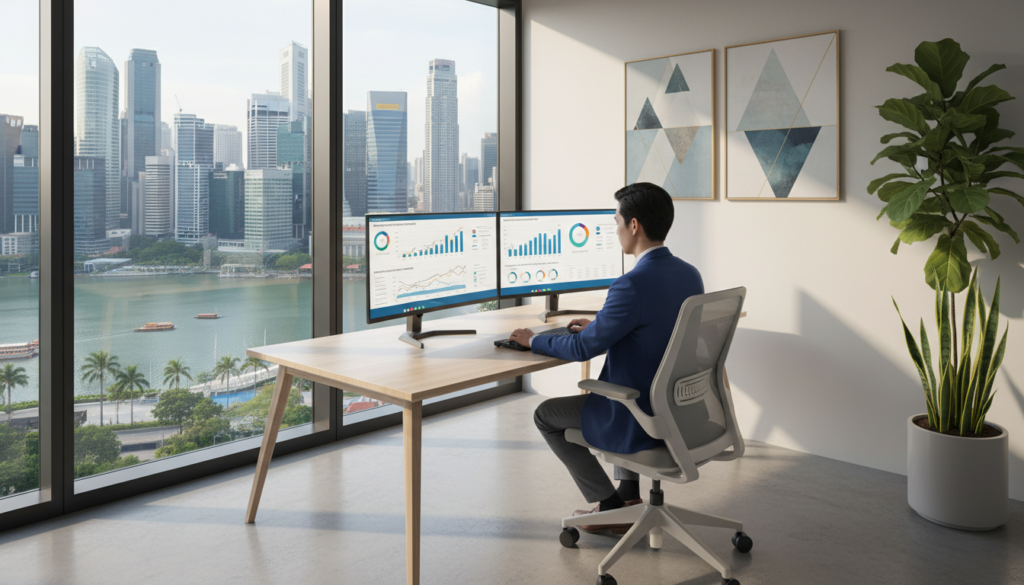 A modern virtual office scene in Singapore, showcasing a sleek, minimalistic workspace with a stylish desk, ergonomic chair, and dual monitors displaying graphs and reports. The foreground features a person dressed in professional business attire, focused on their work, embodying productivity and professionalism. In the middle, a large window reveals a vibrant urban skyline with the iconic Marina Bay Sands in the distance, under bright daylight that illuminates the space with a warm glow. The background includes abstract art on the walls and indoor plants for a touch of nature. The overall mood is dynamic and innovative, reflecting the essence of contemporary business practices. The image is photorealistic, captured from a slight angle to enhance depth and perspective.