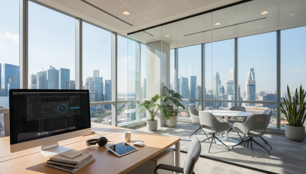 A modern virtual office scene in Singapore, showcasing a sleek, stylish workspace filled with natural light streaming through large windows. In the foreground, a polished wooden desk with a computer, notebooks, and a coffee cup, reflecting a professional atmosphere. The middle ground features a contemporary meeting area with comfortable seating and plants, emphasizing a collaborative environment. In the background, the iconic Singapore skyline visible through the windows, with tall buildings basking in daylight. The overall mood is inspiring and productive, captured with a wide angle lens to emphasize spatial depth. Lighting is bright and inviting, enhancing the ambience of innovation and modern business practices. The image should be photorealistic, without any text or additional markings.