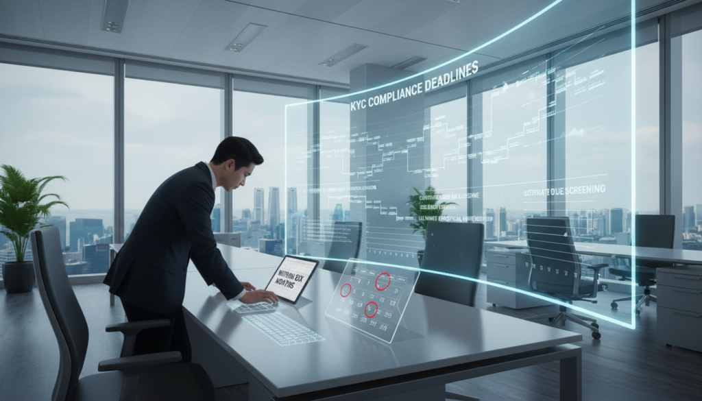 A modern virtual office setting in Singapore, elegantly designed with sleek furniture and high-tech gadgets. In the foreground, a professional individual in business attire is reviewing a calendar with highlighted dates marked "within six months" while seated at a stylish desk. The middle layer features a large digital screen displaying important timelines and deadlines related to KYC requirements, subtly illuminated. The background showcases a panoramic view of Singapore’s skyline through floor-to-ceiling windows, with soft, natural light flooding the room, creating a clean and organized atmosphere. The mood is focused and professional, reflecting the urgency and importance of KYC compliance. The composition is balanced, with a slight tilt for a dynamic perspective. Photorealistic style, emphasizing clarity and detail.