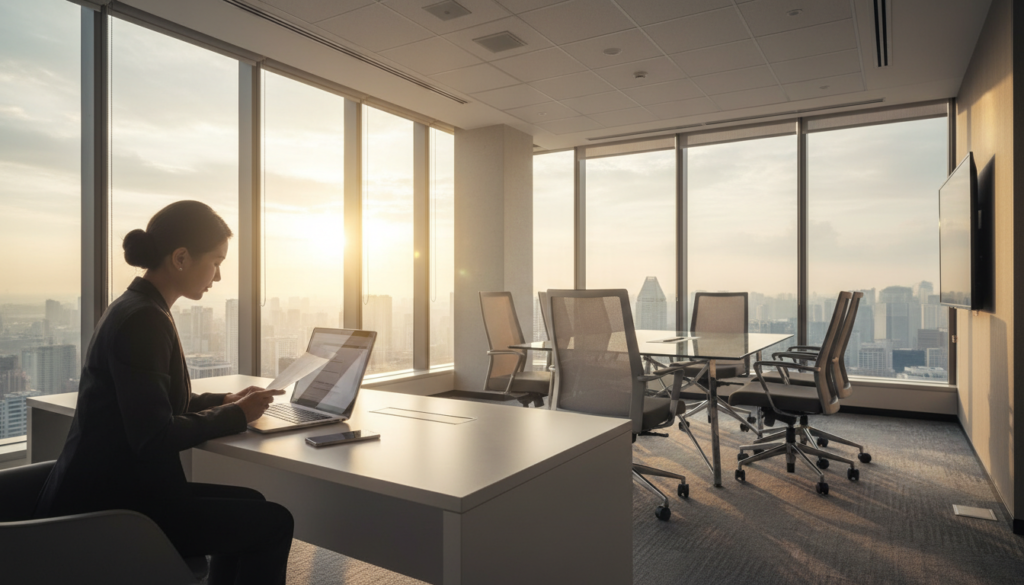 A modern virtual office setting in Singapore, featuring a sleek, minimalistic desk with a high-quality laptop open and a smartphone beside it. In the foreground, a professional businesswoman in smart office attire is reviewing documents. The middle ground showcases a stylish meeting area with ergonomic chairs and a glass table. The background includes large windows with a view of Singapore’s iconic skyline, bathed in warm sunlight streaming through. The atmosphere is vibrant yet calm, conveying productivity and professionalism. The scene is shot at a slight angle to capture depth, with a focus on clarity and detail, creating a photorealistic effect that emphasizes the contemporary nature of virtual office spaces.