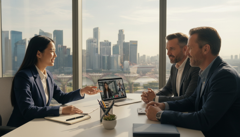 A modern virtual office setting in Singapore, showcasing a diverse group of professionals collaborating over a laptop and digital devices. In the foreground, a confident young Asian woman in a smart business suit gestures while discussing with a middle-aged Caucasian man in a stylish blazer, both smiling and engaged in conversation. The middle section features a sleek, minimalist desk with a high-end laptop, stylish stationery, and a small plant adding a touch of greenery. In the background, large windows reveal a panoramic view of Singapore's skyline, bathed in warm afternoon sunlight, casting soft shadows. The atmosphere exudes a sense of productivity and innovation, emphasized by bright, natural lighting and a clean, organized aesthetic.