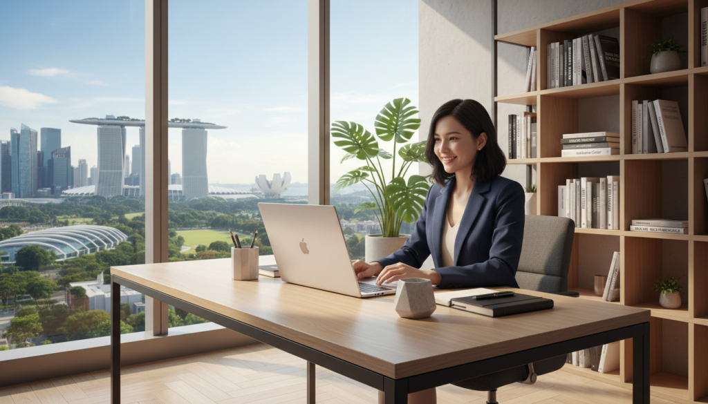 A modern virtual office setting showcasing a sleek workspace with a stylish desk, a high-end laptop, and organized stationery. In the foreground, a professional-looking woman in business attire sits at the desk, engaged in a video call, exuding confidence and professionalism. The middle layer features a large window with natural light pouring in, illuminating a minimalistic indoor plant and a modern bookshelf filled with business books. In the background, a cityscape of Singapore can be seen through the window, highlighting the urban environment. The overall atmosphere is vibrant yet focused, emphasizing a blend of professionalism and modernity, captured in photorealistic style with warm lighting to create a welcoming yet efficient mood.