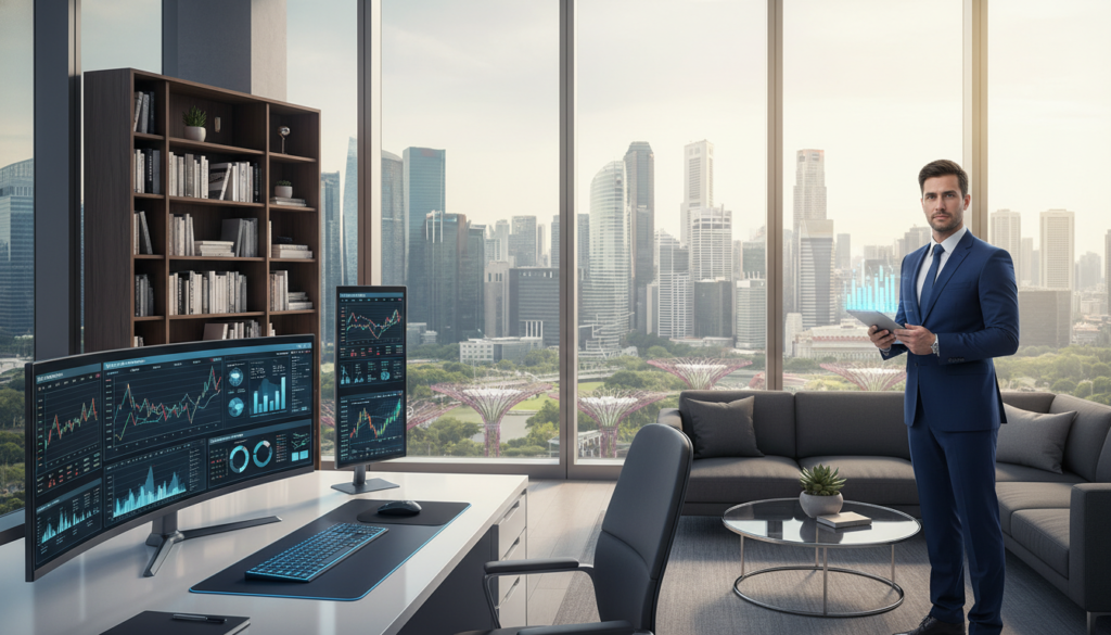 A modern virtual office setup in Singapore, featuring a sleek, minimalist desk with a high-tech computer and dual monitors displaying graphs and charts. In the foreground, a business professional in smart attire stands confidently, holding a tablet while overlooking a vibrant cityscape through a large window. The middle ground showcases a comfortable lounge area with stylish furniture, including a small plant and a bookshelf filled with business literature. The background reveals a panoramic view of Singapore's skyline, bathed in soft daylight to create a warm and inviting atmosphere. The overall mood is professional and contemporary, highlighting the advantages of virtual office spaces over physical offices in terms of accessibility and cost, with a focus on innovation and efficiency. Photorealistic detail, bright and natural lighting, slightly elevated angle for depth.