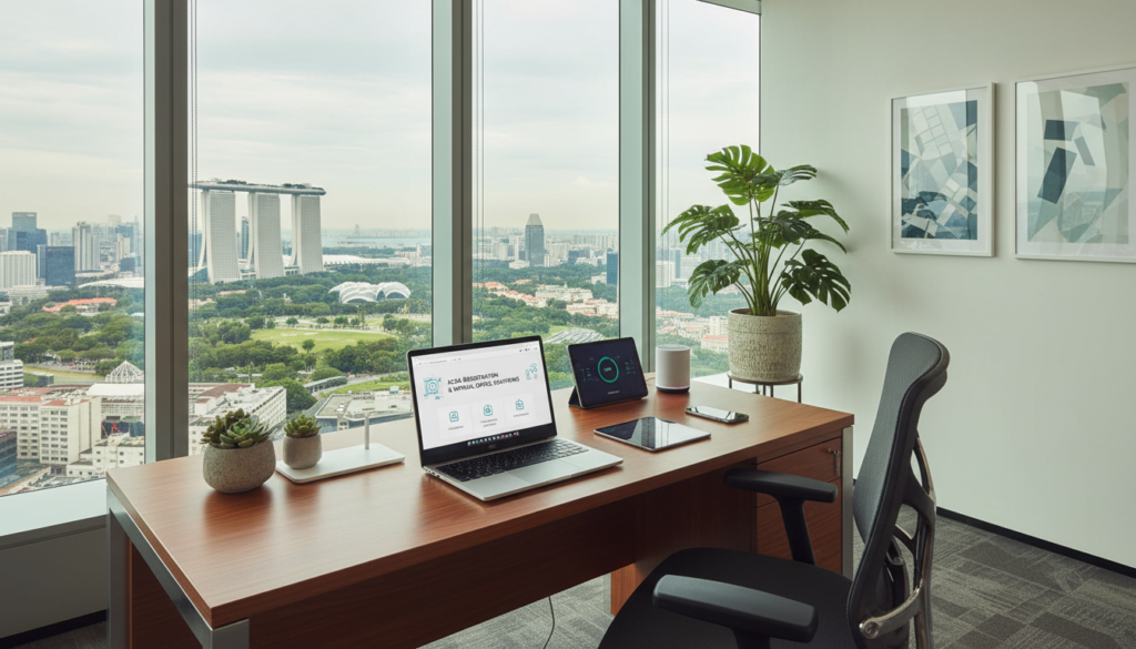 A modern virtual office setup in Singapore, showcasing a sleek and professional space designed for ACRA registration. In the foreground, a polished wooden desk with a laptop open, displaying a digital interface for virtual office services. A stylish ergonomic chair is at the desk. The middle layer features a vibrant cityscape of Singapore visible through large windows, with iconic skyscrapers and greenery in the background. Soft, natural lighting filters in, creating an inviting atmosphere. High-tech office equipment, potted plants, and professional décor enhance the ambiance. Ensure the scene exudes professionalism and efficiency, evoking a sense of trust and reliability suitable for business operations. The image should be photorealistic, capturing the essence of a modern virtual office environment. A modern virtual office setup in Singapore, showcasing a sleek and professional space designed for ACRA registration. In the foreground, a polished wooden desk with a laptop open, displaying a digital interface for virtual office services. A stylish ergonomic chair is at the desk. The middle layer features a vibrant cityscape of Singapore visible through large windows, with iconic skyscrapers and greenery in the background. Soft, natural lighting filters in, creating an inviting atmosphere. High-tech office equipment, potted plants, and professional décor enhance the ambiance. Ensure the scene exudes professionalism and efficiency, evoking a sense of trust and reliability suitable for business operations. The image should be photorealistic, capturing the essence of a modern virtual office environment.