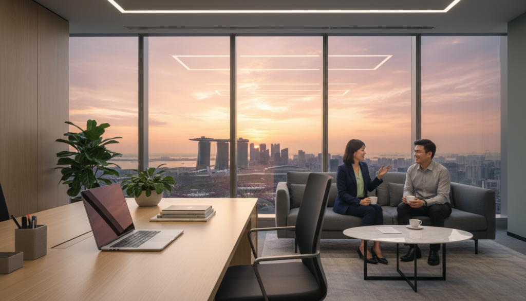 A modern virtual office setup in Singapore, showcasing a sleek, contemporary workspace designed for SMEs. In the foreground, a stylish desk with a high-end laptop, an ergonomic chair, and organized stationery. In the middle ground, an inviting lounge area with a plush sofa and coffee table, where a professional woman in business attire discusses with a colleague. The background features a panoramic window with a stunning view of Singapore's skyline at sunset, casting warm light into the office. Soft overhead lighting enhances the cozy yet professional atmosphere, while the overall color palette combines soft grays and vibrant greens for a fresh, motivational vibe. The image captures the essence of a productive and dynamic virtual office environment.