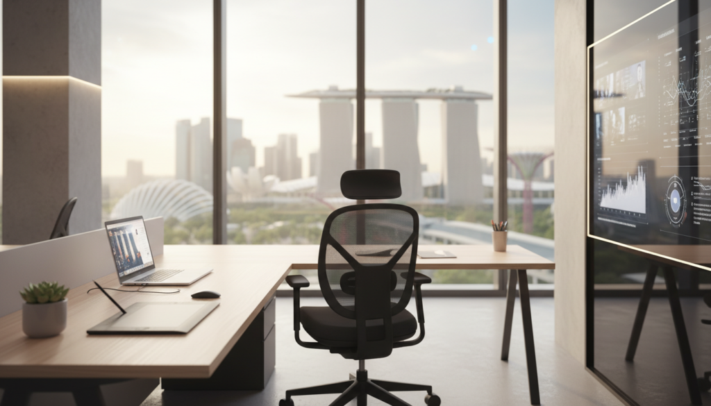 A modern virtual office setup in Singapore, showcasing a sleek, minimalistic design. In the foreground, a stylish wooden desk with a laptop, digital notepad, and a potted plant, creating an inviting workspace. The middle ground features a comfortable ergonomic chair and a large window with a view of Singapore's iconic skyline, bathed in natural sunlight. In the background, soft, blurred images of office equipment and digital screens showcasing virtual meetings or data analytics, suggesting a high-tech environment. The overall atmosphere is professional yet relaxed, evoking a sense of innovation and productivity. The lighting is bright and uplifting, emphasizing the clean lines and modern materials used in the space. Photorealistic style.