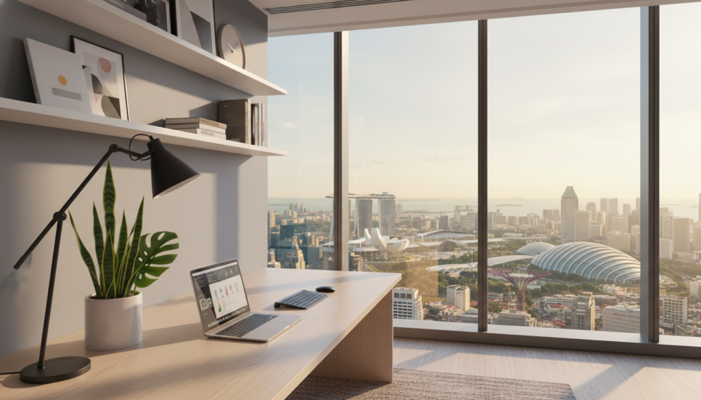 A modern virtual office setup in Singapore, showcasing sleek and minimalist design elements. In the foreground, a polished wooden desk is equipped with a high-end laptop, a stylish desk lamp, and a vase of green plants for a touch of nature. In the middle ground, a large window offers a panoramic view of Singapore's skyline, with iconic buildings bathed in soft, natural light. The background features shelves with chic decor and professional books, creating an inviting yet sophisticated atmosphere. The scene is well-lit, suggesting a productive work environment, captured using a wide-angle lens to emphasize space and depth. The overall mood is inspirational and conducive to creativity in a professional setting.