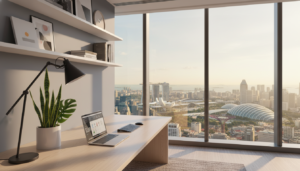 A modern virtual office setup in Singapore, showcasing sleek and minimalist design elements. In the foreground, a polished wooden desk is equipped with a high-end laptop, a stylish desk lamp, and a vase of green plants for a touch of nature. In the middle ground, a large window offers a panoramic view of Singapore's skyline, with iconic buildings bathed in soft, natural light. The background features shelves with chic decor and professional books, creating an inviting yet sophisticated atmosphere. The scene is well-lit, suggesting a productive work environment, captured using a wide-angle lens to emphasize space and depth. The overall mood is inspirational and conducive to creativity in a professional setting.