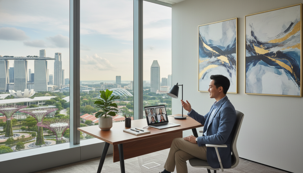 A modern virtual office setup in a sleek, contemporary workspace in Singapore. In the foreground, a stylish desk with a laptop, a potted plant, and minimalistic stationery items. In the middle, a large window showcasing a vibrant cityscape with iconic Singaporean architecture, bathed in soft, natural daylight. The background features a light, neutral color palette with abstract artwork on the walls, promoting a professional yet inviting atmosphere. The lighting is bright and airy, creating a sense of openness. A professional person, dressed in smart casual attire, is engaged in a video call, displaying the essence of remote work culture. The overall mood is calm and productive, reflecting efficiency and modernity in a virtual office environment.