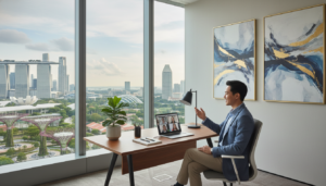 A modern virtual office setup in a sleek, contemporary workspace in Singapore. In the foreground, a stylish desk with a laptop, a potted plant, and minimalistic stationery items. In the middle, a large window showcasing a vibrant cityscape with iconic Singaporean architecture, bathed in soft, natural daylight. The background features a light, neutral color palette with abstract artwork on the walls, promoting a professional yet inviting atmosphere. The lighting is bright and airy, creating a sense of openness. A professional person, dressed in smart casual attire, is engaged in a video call, displaying the essence of remote work culture. The overall mood is calm and productive, reflecting efficiency and modernity in a virtual office environment.