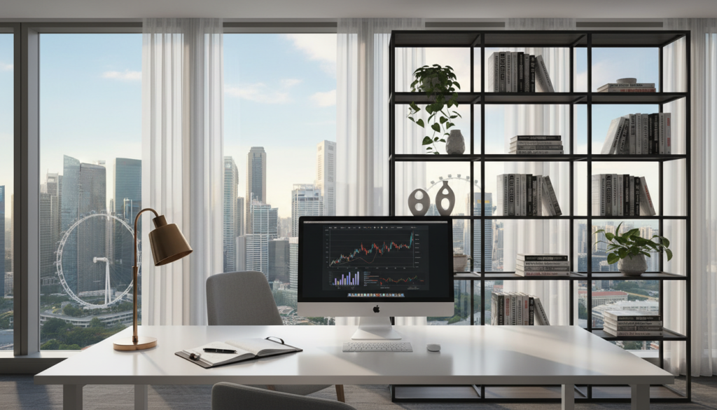 A modern virtual office space in Singapore designed for professionals. In the foreground, a sleek, minimalistic desk is adorned with a computer, a planner, and a stylish lamp, reflecting a productive atmosphere. In the middle, a contemporary bookshelf filled with business books and decorative plants adds a touch of warmth. The background features large windows showcasing the iconic Singapore skyline with tall skyscrapers bathed in natural sunlight. Use soft, diffused lighting to create an inviting ambiance, focusing on the contrast between the cool tones of the office furniture and the warm, vibrant colors of the city outside. The overall mood should convey professionalism and modernity, perfect for illustrating virtual office address options in Singapore.
