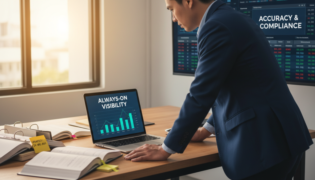 A modern workspace showcasing a well-organized desk with a laptop displaying graphs and charts that indicate "always-on visibility". On the desk, there are open books and documents with fresh notations, signifying updates within the last 24 hours. In the foreground, a business professional in smart attire is focused on the laptop, analyzing data, symbolizing precision in remote bookkeeping. The middle ground features bright, warm lighting that enhances the professional atmosphere, creating a sense of clarity and diligence. In the background, a wall-mounted screen displays live financial updates and data visualizations, emphasizing accuracy and compliance. The overall mood is one of productivity and professionalism, reflecting the importance of timely financial management for businesses. A modern workspace showcasing a well-organized desk with a laptop displaying graphs and charts that indicate "always-on visibility". On the desk, there are open books and documents with fresh notations, signifying updates within the last 24 hours. In the foreground, a business professional in smart attire is focused on the laptop, analyzing data, symbolizing precision in remote bookkeeping. The middle ground features bright, warm lighting that enhances the professional atmosphere, creating a sense of clarity and diligence. In the background, a wall-mounted screen displays live financial updates and data visualizations, emphasizing accuracy and compliance. The overall mood is one of productivity and professionalism, reflecting the importance of timely financial management for businesses.