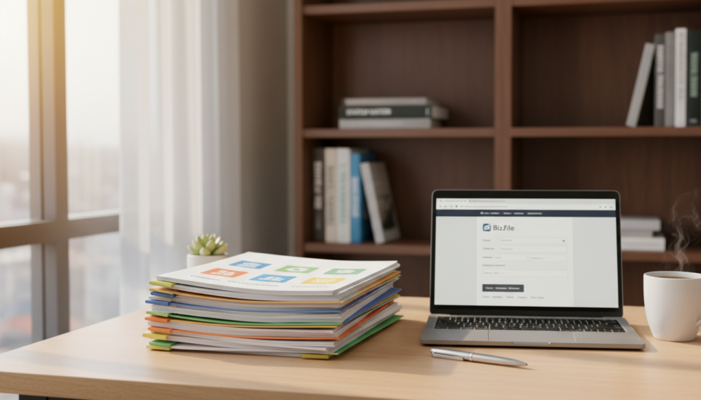 A neat and organized desk setting in a well-lit office, featuring a stack of colorful incorporation documents prominently in the foreground. The documents should include various forms and templates, each labeled clearly with icons representing business registration themes. In the middle ground, a sleek laptop sits open, displaying a visual of the Bizfile website on its screen. A stylish pen and a cup of coffee add a personal touch. In the background, a blurred bookshelf filled with business literature enhances the intellectual atmosphere. Soft natural light filters through a window, creating a warm and inviting mood, ideal for someone preparing to start their business journey. The image should be photorealistic, showcasing meticulous attention to detail and a professional ambiance.