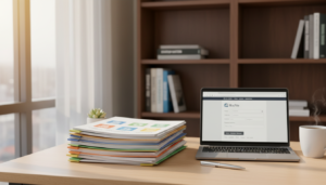 A neat and organized desk setting in a well-lit office, featuring a stack of colorful incorporation documents prominently in the foreground. The documents should include various forms and templates, each labeled clearly with icons representing business registration themes. In the middle ground, a sleek laptop sits open, displaying a visual of the Bizfile website on its screen. A stylish pen and a cup of coffee add a personal touch. In the background, a blurred bookshelf filled with business literature enhances the intellectual atmosphere. Soft natural light filters through a window, creating a warm and inviting mood, ideal for someone preparing to start their business journey. The image should be photorealistic, showcasing meticulous attention to detail and a professional ambiance.