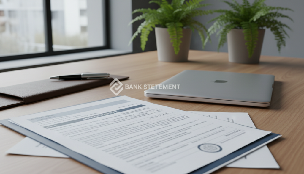 A neatly arranged stack of documents on a modern wooden desk, illuminated by soft, natural lighting from a nearby window. The foreground features a close-up of official papers, including a bank statement and forms, with fine details like watermarks and subtle textures visible. In the middle, include a sleek, closed laptop, hinting at digital transactions, and a poised, professional-looking pen resting beside the documents. The background reveals soft greenery from potted plants, creating a calm yet professional atmosphere. Capture the image at a slight angle to convey depth, ensuring the documents are the focal point. The overall mood should feel organized, informative, and welcoming, evoking a sense of trust and professionalism in a banking context. A neatly arranged stack of documents on a modern wooden desk, illuminated by soft, natural lighting from a nearby window. The foreground features a close-up of official papers, including a bank statement and forms, with fine details like watermarks and subtle textures visible. In the middle, include a sleek, closed laptop, hinting at digital transactions, and a poised, professional-looking pen resting beside the documents. The background reveals soft greenery from potted plants, creating a calm yet professional atmosphere. Capture the image at a slight angle to convey depth, ensuring the documents are the focal point. The overall mood should feel organized, informative, and welcoming, evoking a sense of trust and professionalism in a banking context.
