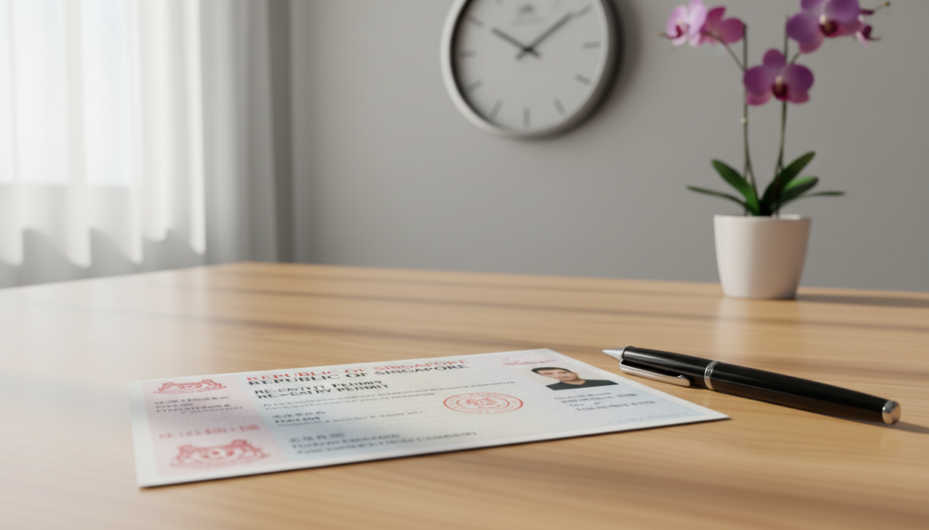 A photorealistic depiction of a Singapore Re-Entry Permit on a clean, wooden desk. In the foreground, the permit itself, featuring intricate designs, official stamps, and vibrant colors symbolizing Singapore, is prominently displayed. In the middle ground, a sleek black pen rests beside the permit, hinting at the act of signing. The background softly blurs but includes elements of a modern office, such as a minimalistic clock and a potted orchid, adding a touch of Singaporean ambiance. Natural soft lighting filters through a nearby window, casting gentle shadows and creating a professional yet inviting mood. The scene exudes a sense of importance and clarity, reflecting the significance of the Re-Entry Permit in the context of ongoing commitments.