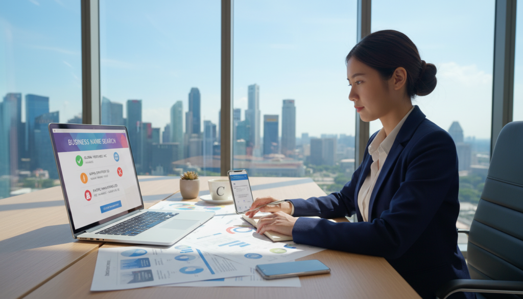 A photorealistic depiction of a business consultant in a modern office setting, immersed in a digital workspace. In the foreground, a well-dressed professional, focused and engaged, is examining a laptop screen displaying a vibrant interface showcasing business name searches, with clear visuals of name availability checks. The middle ground features a stylish desk with documents, a smartphone, and a coffee cup, symbolizing the business registration process. In the background, large windows reveal a dynamic Singapore skyline under bright natural lighting, creating an inspiring and productive atmosphere. The overall mood should be one of diligence and clarity, emphasizing the importance of verifying company name availability before registration.