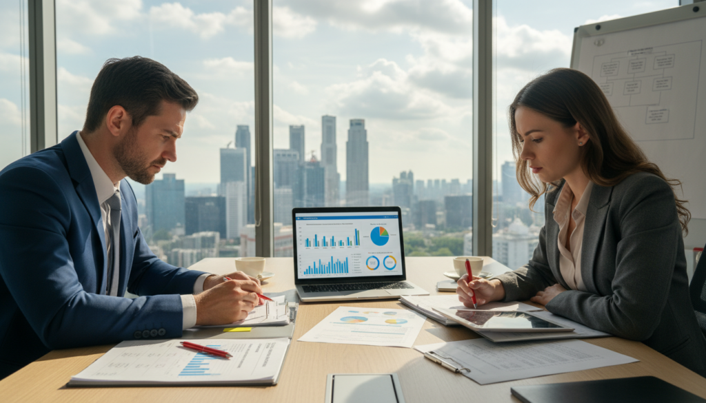 A photorealistic depiction of a business meeting focused on money laundering compliance risk. In the foreground, two professionals in business attire—one male and one female—are intently examining documents on a table, highlighting compliance protocols. The middle ground features a laptop displaying colorful graphs and charts related to financial transactions. In the background, a large window offers a view of Singapore's skyline, symbolizing a global financial hub. Soft, natural lighting streams in, creating a bright and focused atmosphere. Shadows play delicately across the table, emphasizing the seriousness and professionalism of the discussion. The setting conveys a sense of diligence and critical analysis in financial compliance. A photorealistic depiction of a business meeting focused on money laundering compliance risk. In the foreground, two professionals in business attire—one male and one female—are intently examining documents on a table, highlighting compliance protocols. The middle ground features a laptop displaying colorful graphs and charts related to financial transactions. In the background, a large window offers a view of Singapore's skyline, symbolizing a global financial hub. Soft, natural lighting streams in, creating a bright and focused atmosphere. Shadows play delicately across the table, emphasizing the seriousness and professionalism of the discussion. The setting conveys a sense of diligence and critical analysis in financial compliance.