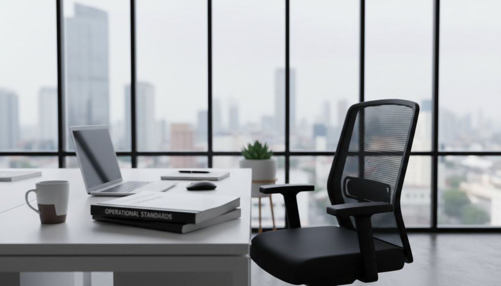 A photorealistic depiction of a business office setup, showcasing operational standards for a virtual office. In the foreground, a well-organized desk features a laptop, neatly stacked documents labelled "Operational Standards" and a stylish coffee mug, exuding professionalism. In the middle ground, a comfortable ergonomic chair faces the desk, while a small potted plant adds a touch of greenery. The background reveals a modern office environment, with large windows allowing natural light to flood in, reflecting a clean and secure atmosphere. Soft shadows create a warm yet focused mood, emphasizing the importance of security in a virtual office context. The scene is shot from a slightly elevated angle to capture the entire setup, creating a sense of perspective in a professional space.