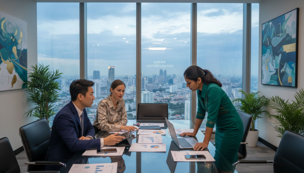 A photorealistic depiction of a bustling business meeting set within a modern high-rise office overlooking a city skyline. In the foreground, a diverse group of three professionals—one Asian man in a tailored navy suit, one Caucasian woman in a chic blouse, and one Indian woman in a smart dress—engaged in a strategic discussion around a sleek glass table covered with reports and digital devices. In the middle ground, large windows reveal a panoramic view of the vibrant cityscape, symbolizing growth and opportunity. The background features abstract art and greenery, creating a dynamic yet professional atmosphere. Soft, natural lighting filters in, enhancing the sense of optimism and collaboration in the context of ASEAN expansion opportunities.