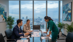 A photorealistic depiction of a bustling business meeting set within a modern high-rise office overlooking a city skyline. In the foreground, a diverse group of three professionals—one Asian man in a tailored navy suit, one Caucasian woman in a chic blouse, and one Indian woman in a smart dress—engaged in a strategic discussion around a sleek glass table covered with reports and digital devices. In the middle ground, large windows reveal a panoramic view of the vibrant cityscape, symbolizing growth and opportunity. The background features abstract art and greenery, creating a dynamic yet professional atmosphere. Soft, natural lighting filters in, enhancing the sense of optimism and collaboration in the context of ASEAN expansion opportunities.