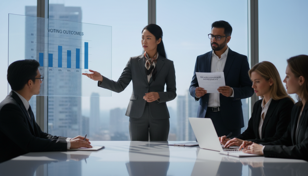 A photorealistic depiction of a diverse group of professional individuals in a modern conference room, engaged in a serious discussion about shareholder rights. In the foreground, a confident Asian woman in a tailored business suit stands by a sleek conference table, gesturing towards a projected chart displaying voting outcomes. To her right, a Middle-Eastern man with glasses examines a legal document, while a Caucasian woman takes notes on a laptop. The middle ground features a large window with natural light streaming in, casting soft shadows. The background includes blurred silhouettes of city skyscrapers to suggest a corporate environment, creating a focused and determined atmosphere that emphasizes the importance of voting rights in shareholding decisions. A photorealistic depiction of a diverse group of professional individuals in a modern conference room, engaged in a serious discussion about shareholder rights. In the foreground, a confident Asian woman in a tailored business suit stands by a sleek conference table, gesturing towards a projected chart displaying voting outcomes. To her right, a Middle-Eastern man with glasses examines a legal document, while a Caucasian woman takes notes on a laptop. The middle ground features a large window with natural light streaming in, casting soft shadows. The background includes blurred silhouettes of city skyscrapers to suggest a corporate environment, creating a focused and determined atmosphere that emphasizes the importance of voting rights in shareholding decisions.