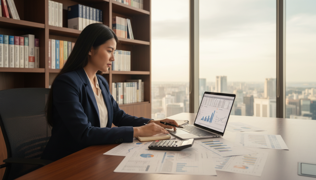 A photorealistic depiction of a financial reporting scene in an office environment. In the foreground, a professional businessperson in formal attire is engaged with a laptop, analyzing financial documents spread across a sleek wooden desk. A calculator and some graphs are visible, illustrating financial data. In the middle ground, a large window showcases the modern Singapore skyline under soft, natural lighting that casts a warm glow on the scene. The background includes shelves filled with accounting books and reports, reflecting a context of financial knowledge and past accounting standards. The overall atmosphere should convey a sense of professionalism, focus, and the importance of understanding financial reporting standards for small and medium enterprises.